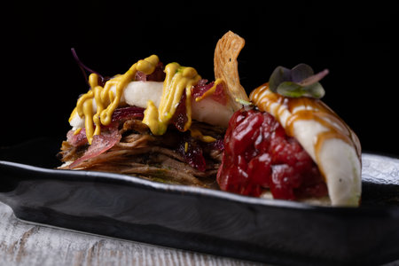 Salad with meat, vegetables and cheese on a black background.