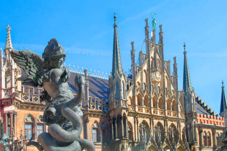 MUNICH, GERMANY - MARCH 3, 2019: A view of the Neues Rathaus (New City Hall) from the famous Marienplatz (Our Lady square); this is one of the main touristic attractions of the cityのeditorial素材