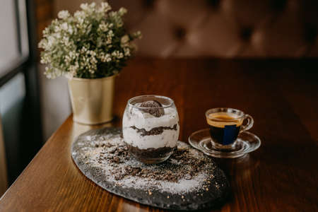 Delicious cake with coffee, wineの写真素材