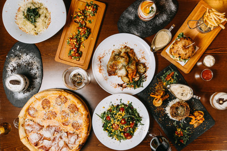 Food. Set of dishes on the table. On a wooden background. Top viewの写真素材