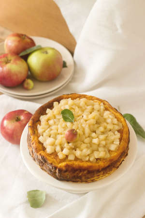 Delicate cheesecake with apple sauce, on a light backgroundの写真素材