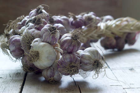 Pigtail of garlic on wooden rustic background