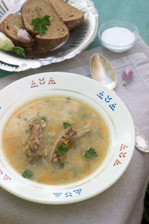 Pea soup with meat. Rustic style. Selective focus.の写真素材