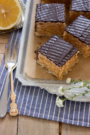 Waffle cake with caramel lemon cream. Selectiv focus.