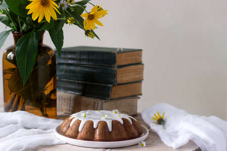 Pumpkin pie with icing, autumn mood. Rustic style, choose a focus.の写真素材