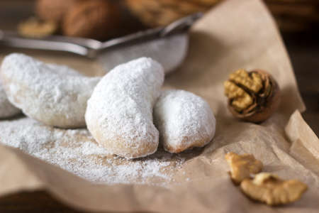 Vanilkipferl - vanilla crescents, traditional Christmas cookies in Germany, Austria, Czech Republic. Homemade cookies. Selective focus.の写真素材
