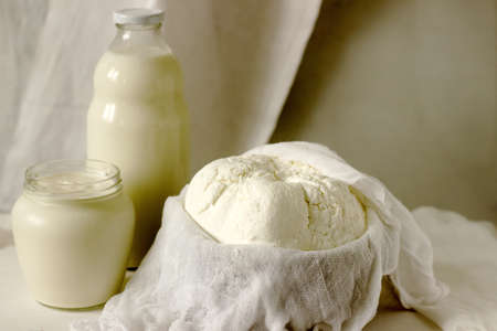 Homemade dairy products: cottage cheese, sour cream and milk on a white background. Style rustic. Selective focus.の写真素材