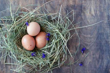 Chicken and quail eggs in the nest. Rustic style, selective focus.の写真素材