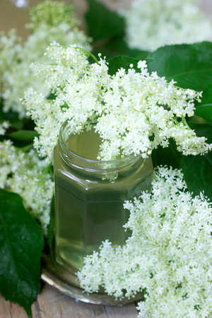 Homemade syrup of elderberry flowers in a glass jar and elder branches on a wooden table Rustic style.の写真素材