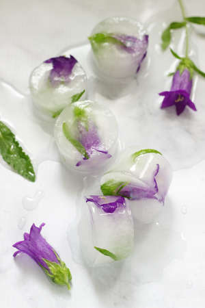 Bright ice cubes with flowers and herbs on a light marble background. Selective focus.