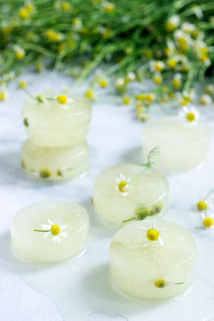 Ice cubes of chamomile tea and chamomile for cosmetic purposes on a background of a bouquet of...