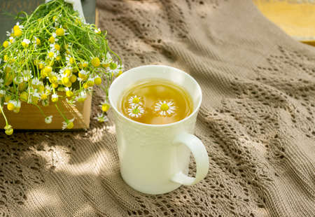 A cup of useful soothing chamomile tea, a bouquet of chamomiles and a book on a swing. Selective focus.の写真素材