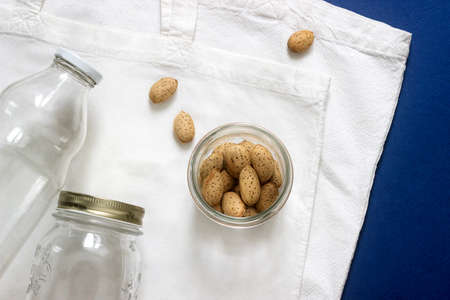 Ecological concept, reusable bags and jars. For purchases without polyethylene and plastic. Selective focus.の写真素材