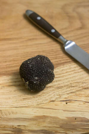 Mushroom black truffle on a wooden table. Found in Moldova in July 2018.の写真素材