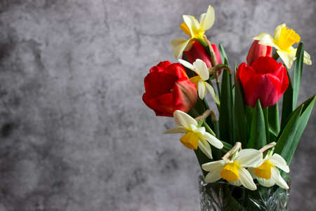 Bouquet of tulips and daffodils in a crystal vase on a concrete wall background. Selective focus.
