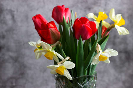 Bouquet of tulips and daffodils in a crystal vase on a concrete wall background. Selective focus.