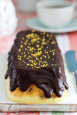 Lviv cheesecake, a traditional Ukrainian dessert with raisins, coated with chocolate icing....
