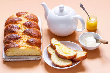 Challah made from yeast dough, a traditional festive dessert bread.の写真素材