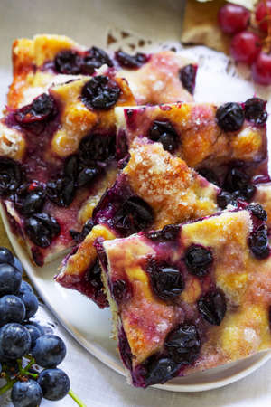 Traditional Italian yeast dough pie with grapes Schiacciata and bunches of grapes on a light...