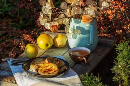 Whole wheat apple pancakes served with tea in the garden. Rustic style, selective focus.の写真素材