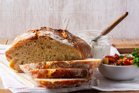 Round yeast bread made from white and whole grain flour, tomato salad and pate on a wooden...