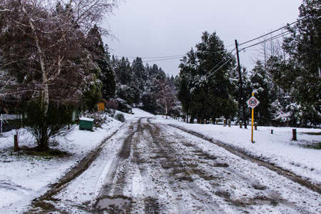 Bariloche streets with snow - south of Argentinaの写真素材