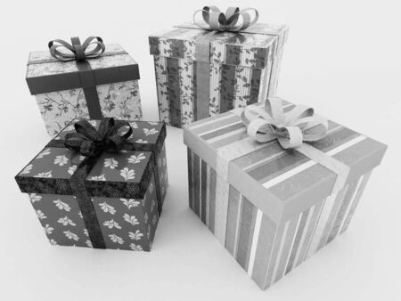 3D render of a black and white wrapped holiday presents with ribbonsの写真素材
