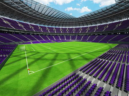 3D render of a round football -  soccer stadium with  purple seats and VIP boxes for hundred thousand peopleの写真素材