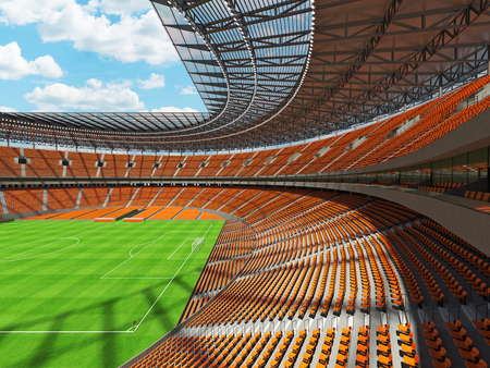 3D render of a round football -  soccer stadium with  orange seats and VIP boxes for hundred thousand peopleの写真素材