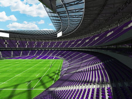 3D render of a round rugby stadium with purple seats and VIP boxes for hundred thousand peopleの写真素材
