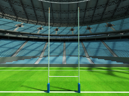 3D render of a round rugby stadium with  sky blue seats and VIP boxes for hundred thousand peopleの写真素材