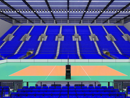 3D render of beautiful sports arena for volleyball with floodlights and  blue seats and VIP boxes for ten thousand peopleの写真素材