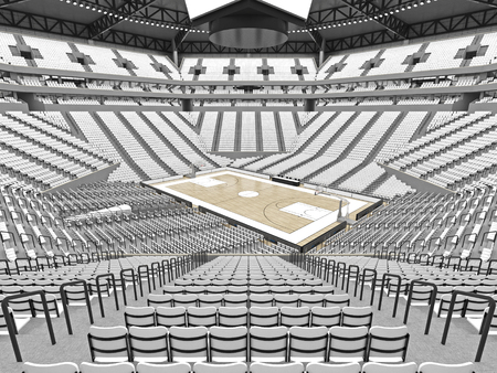 3D render of beautiful sports arena for basketball with floodlights , VIP boxes and white seats for twenty thousand fans with two levels of standsの写真素材