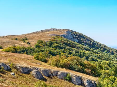 Mountain pasture in autumn sunny day.の写真素材