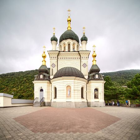 Closeup view of Foros church in Crimea. Cloudy weather and almost nobody people near building.の写真素材