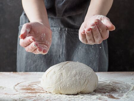 Woman hands kneading dough for bread.の写真素材