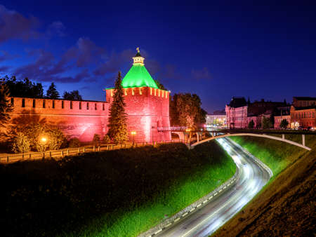 NIZHNY NOVGOROD, RUSSIA - JUNE 4, 2020: Night view of Kremlin Nikolskaya Tower in Nizhny Novgorod after sunset. Popular landmark place in big city with new illumination.のeditorial素材