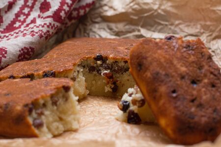 Homemade semolina cake with raisins in rustic styleの写真素材