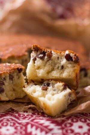 Homemade semolina cake with raisins in rustic styleの写真素材