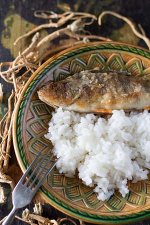 fried perch with rice in a beautiful patterned plateの写真素材