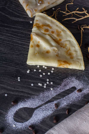 Tasty homemade pancakes on a dark backgroundの写真素材