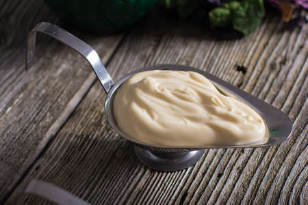 Homemade mushroom sauce on a wooden backgroundの写真素材