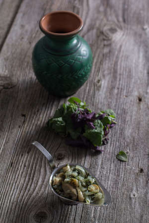 Homemade mushroom sauce on a wooden backgroundの写真素材