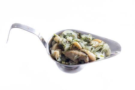 Homemade mushroom sauce on a white backgroundの写真素材