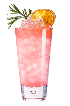 Refreshing cold pink cocktail with ice decorated with dried orange and rosemary. isolatedの写真素材