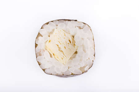 Traditional fresh Japanese sushi rolls on a white background. Roll with omelette. isolated.の写真素材