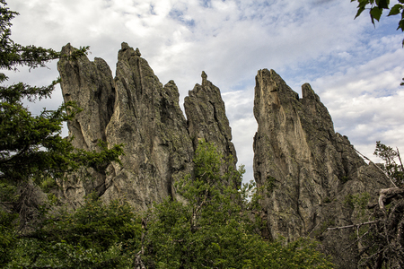 Panoramic view of the mountains and cliffs, South Ural. Summer in the mountains. Travel.の写真素材