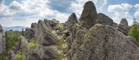 Panoramic view of the mountains and cliffs, South Ural. Summer in the mountains.View from the mountains. Travel.の写真素材
