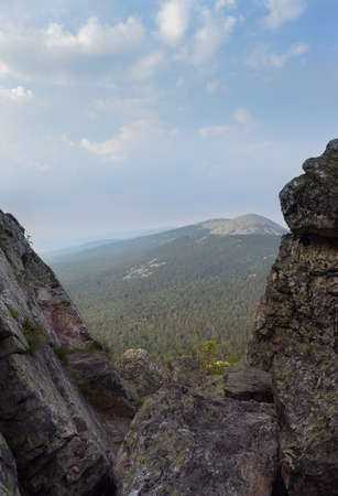 Panoramic view of the mountains and cliffs, South Ural. Summer in the mountains.View from the mountains. The nature of the southern Urals. Travel.の写真素材