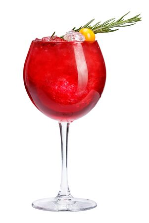 Refreshing cocktail with an ornament from rosemary and physalis on a white background. A red cocktail with ice. isolated.の写真素材